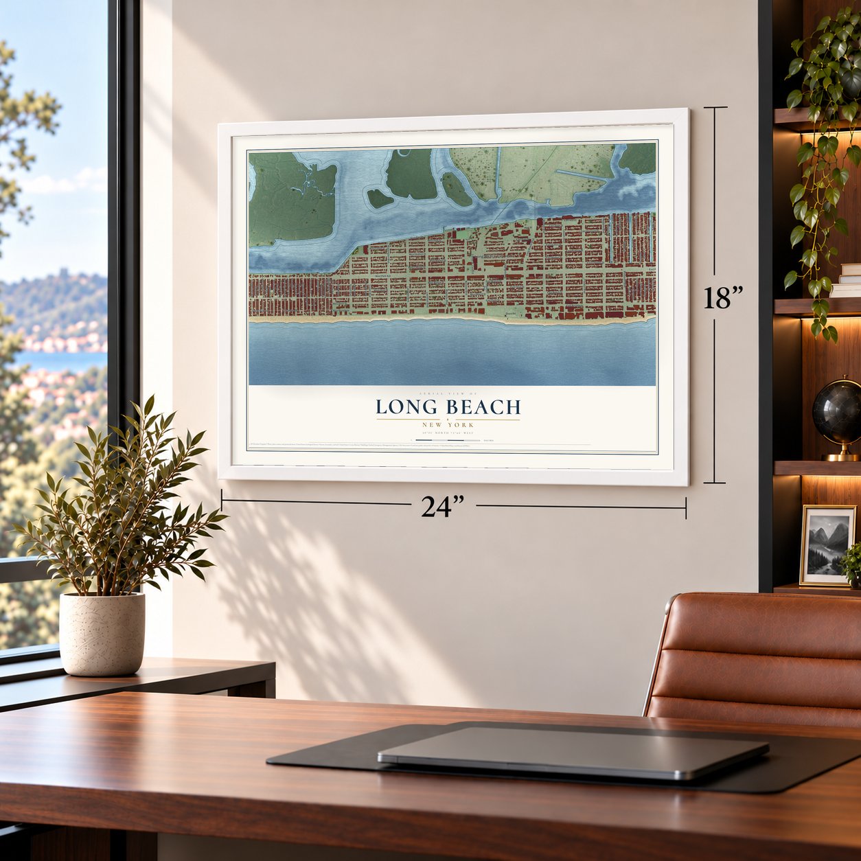 Long Beach, New York map, 18 x 24 inch print in a white frame in a home office