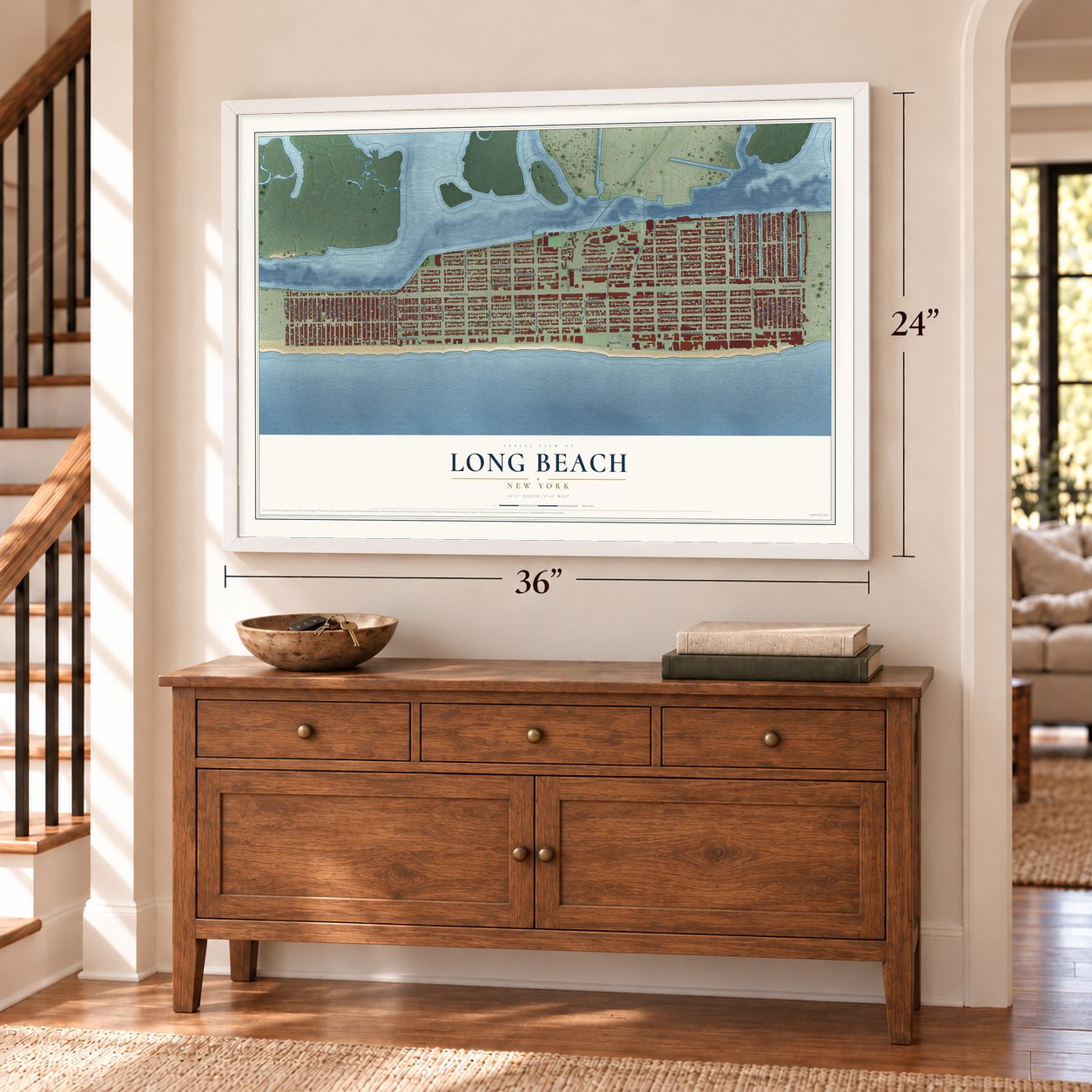 Long Beach, New York map, 24 x 36 inch print in a white frame above a dresser by a staircase