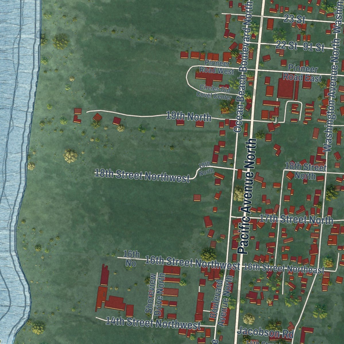 Second close-up of the map of Long Beach, Washington print showing more streets and buildings