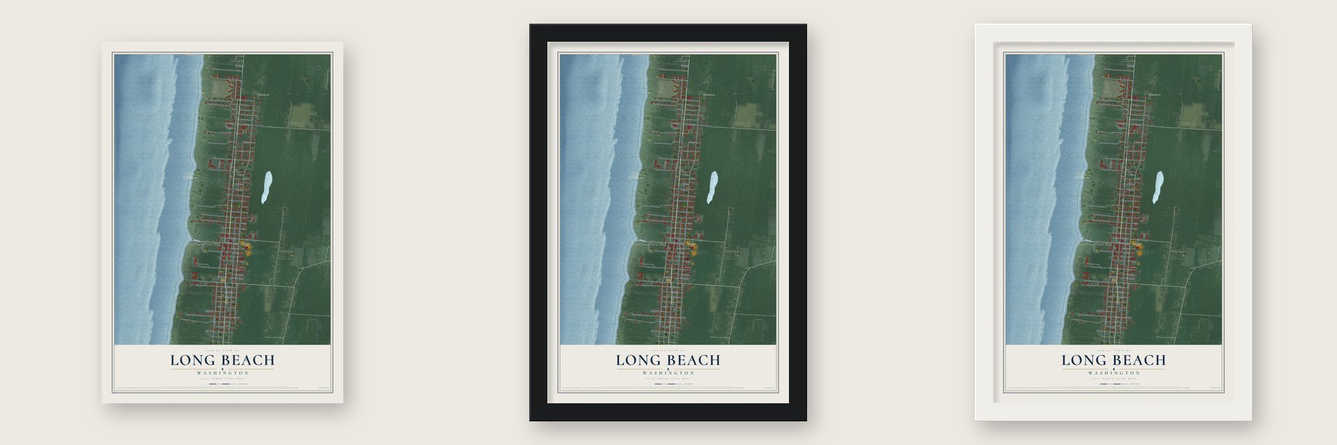 Long Beach, Washington map unframed, in a black wood frame and in a white wood frame
