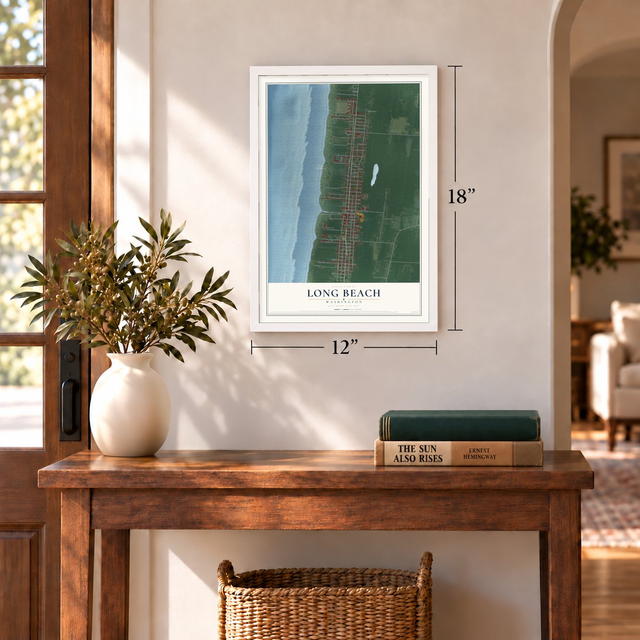 Long Beach, Washington map, 12 x 18 inch print in a white frame in an entryway
