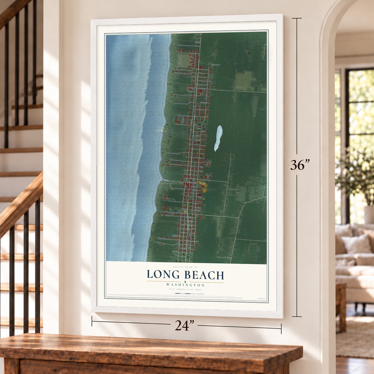 Long Beach, Washington map, 24 x 36 inch print in a white frame by a staircase