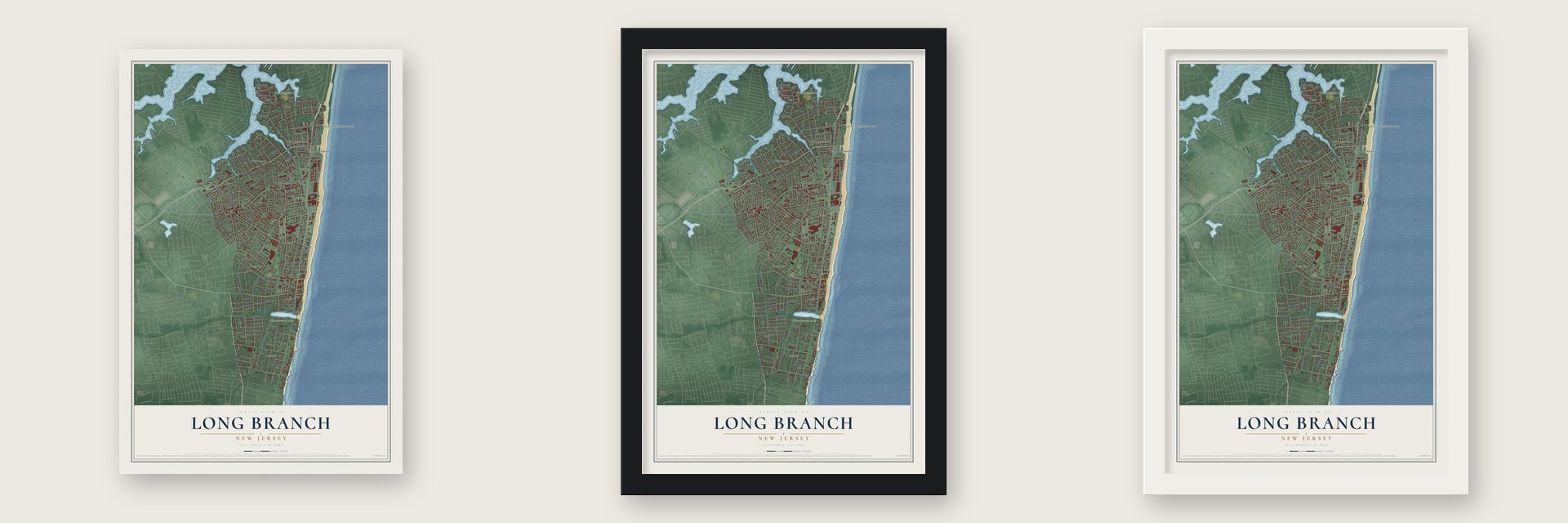 Long Branch, New Jersey map unframed, in a black wood frame and in a white wood frame
