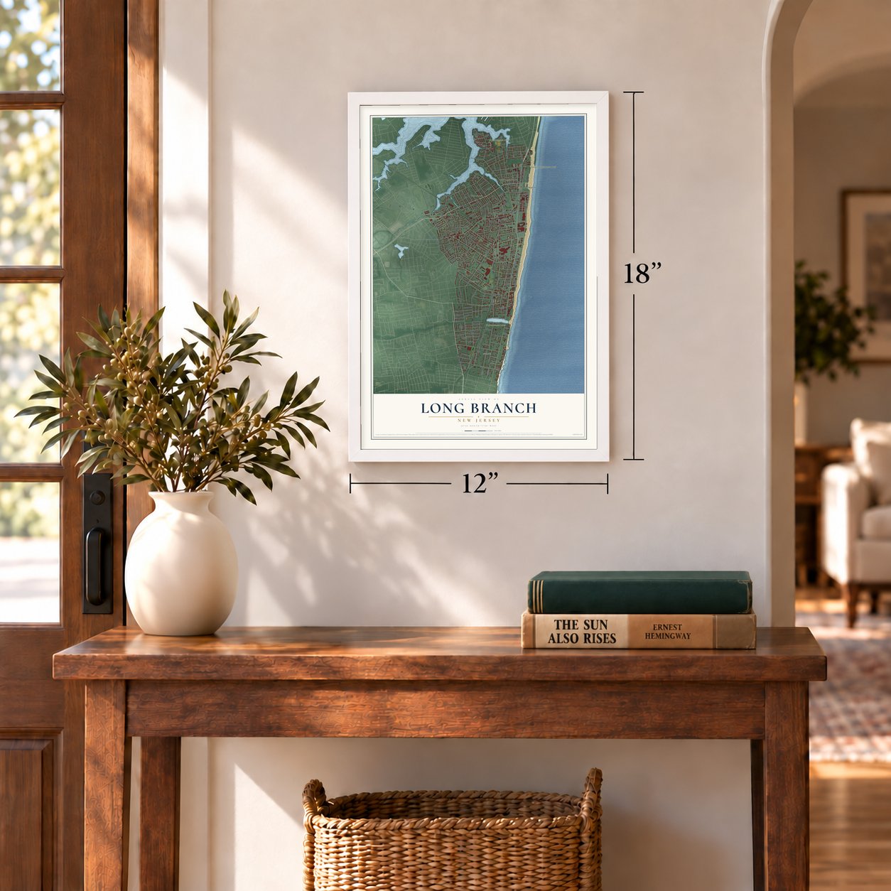 Long Branch, New Jersey map, 12 x 18 inch print in a white frame in an entryway