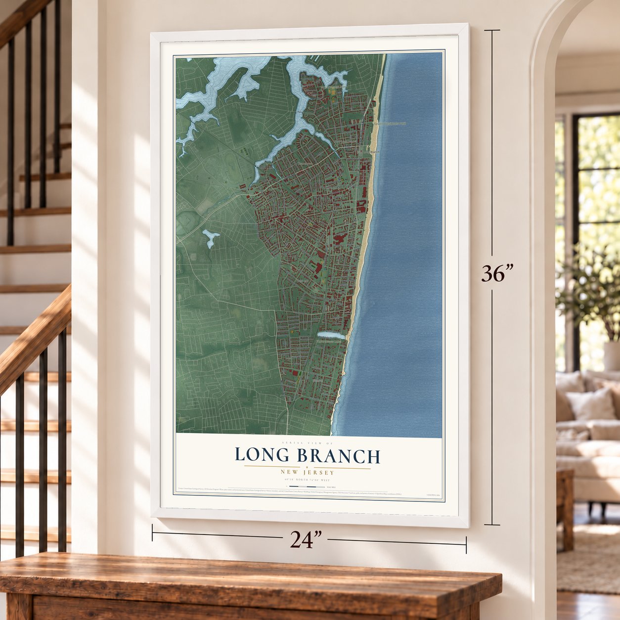 Long Branch, New Jersey map, 24 x 36 inch print in a white frame by a staircase