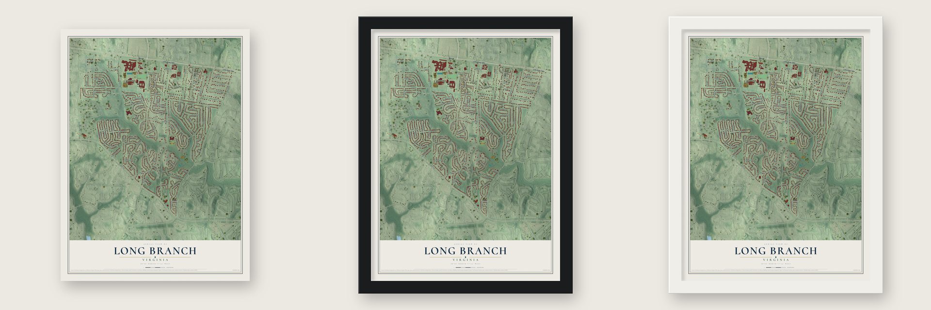 Long Branch, Virginia map unframed, in a black wood frame and in a white wood frame