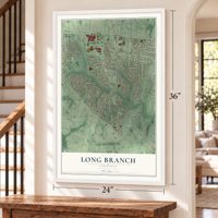 Long Branch, Virginia map, 24 x 36 inch print in a white frame by a staircase