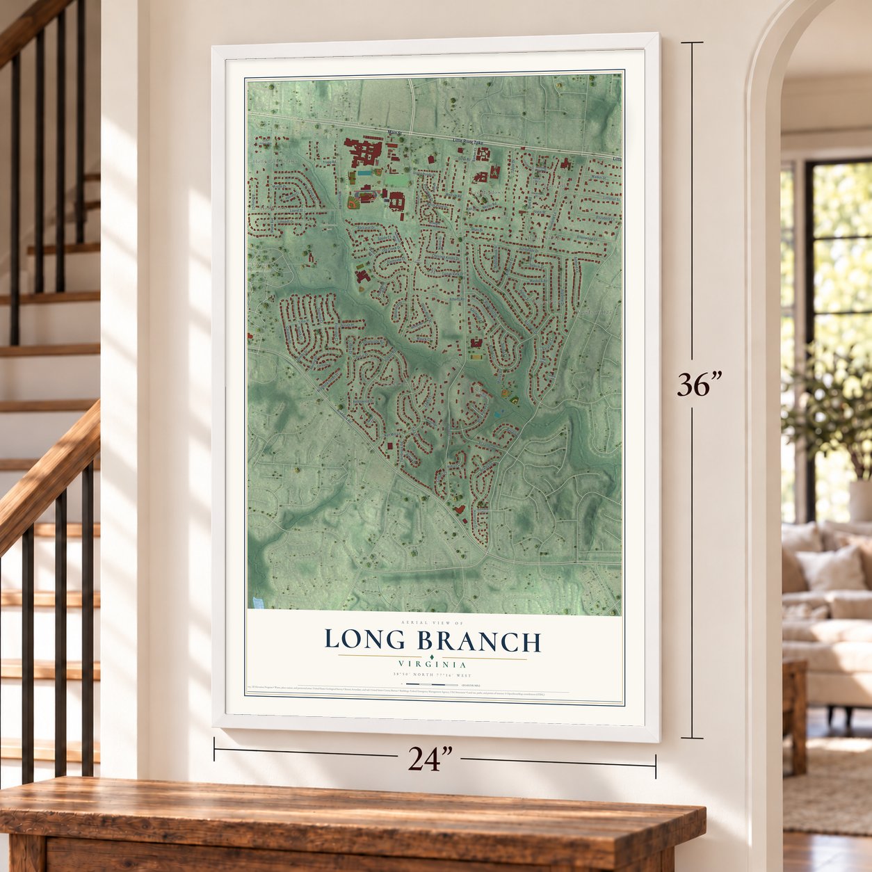Long Branch, Virginia map, 24 x 36 inch print in a white frame by a staircase