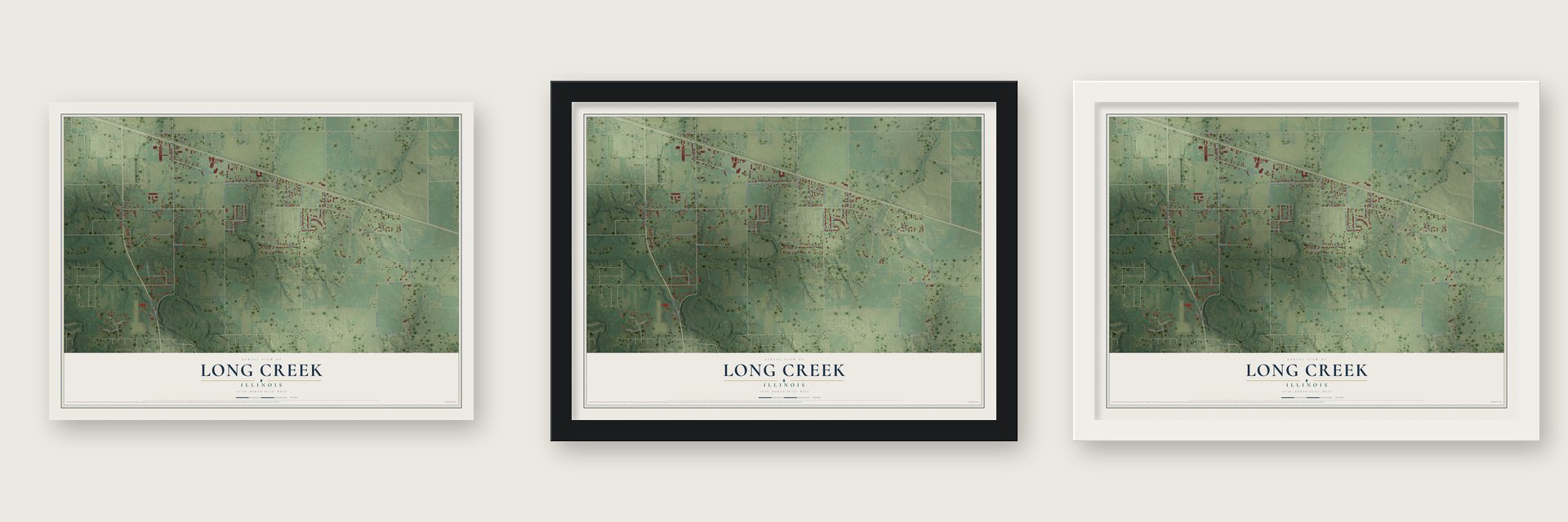 Long Creek, Illinois map unframed, in a black wood frame and in a white wood frame