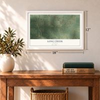 Long Creek, Illinois map, 12 x 18 inch print in a white frame in an entryway