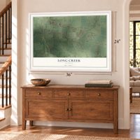 Long Creek, Illinois map, 24 x 36 inch print in a white frame above a dresser by a staircase