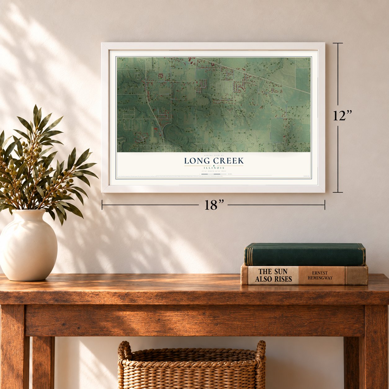 Long Creek, Illinois map, 12 x 18 inch print in a white frame in an entryway