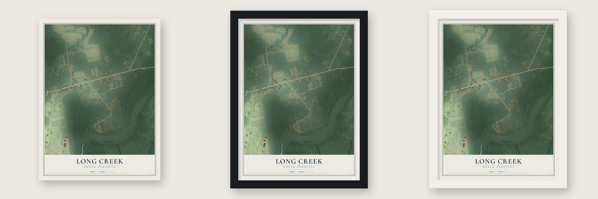 Long Creek, North Carolina map unframed, in a black wood frame and in a white wood frame
