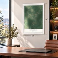 Long Creek, North Carolina map, 18 x 24 inch print in a white frame in a home office