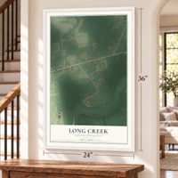 Long Creek, North Carolina map, 24 x 36 inch print in a white frame by a staircase