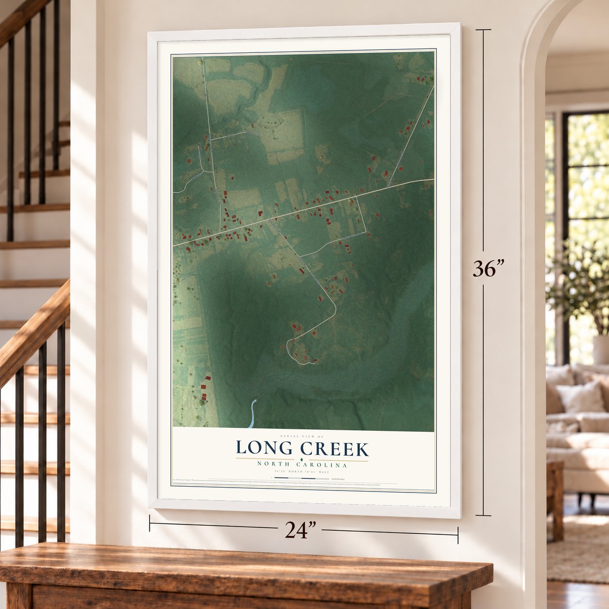 Long Creek, North Carolina map, 24 x 36 inch print in a white frame by a staircase