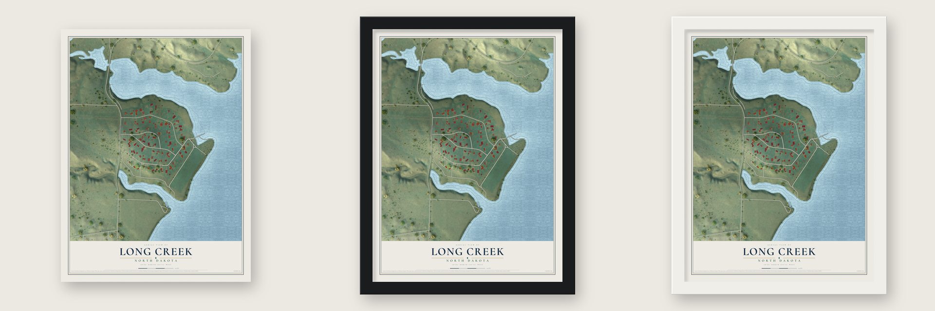 Long Creek, North Dakota map unframed, in a black wood frame and in a white wood frame