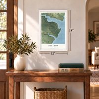 Long Creek, North Dakota map, 12 x 18 inch print in a white frame in an entryway