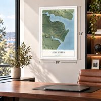 Long Creek, North Dakota map, 18 x 24 inch print in a white frame in a home office
