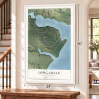 Long Creek, North Dakota map, 24 x 36 inch print in a white frame by a staircase