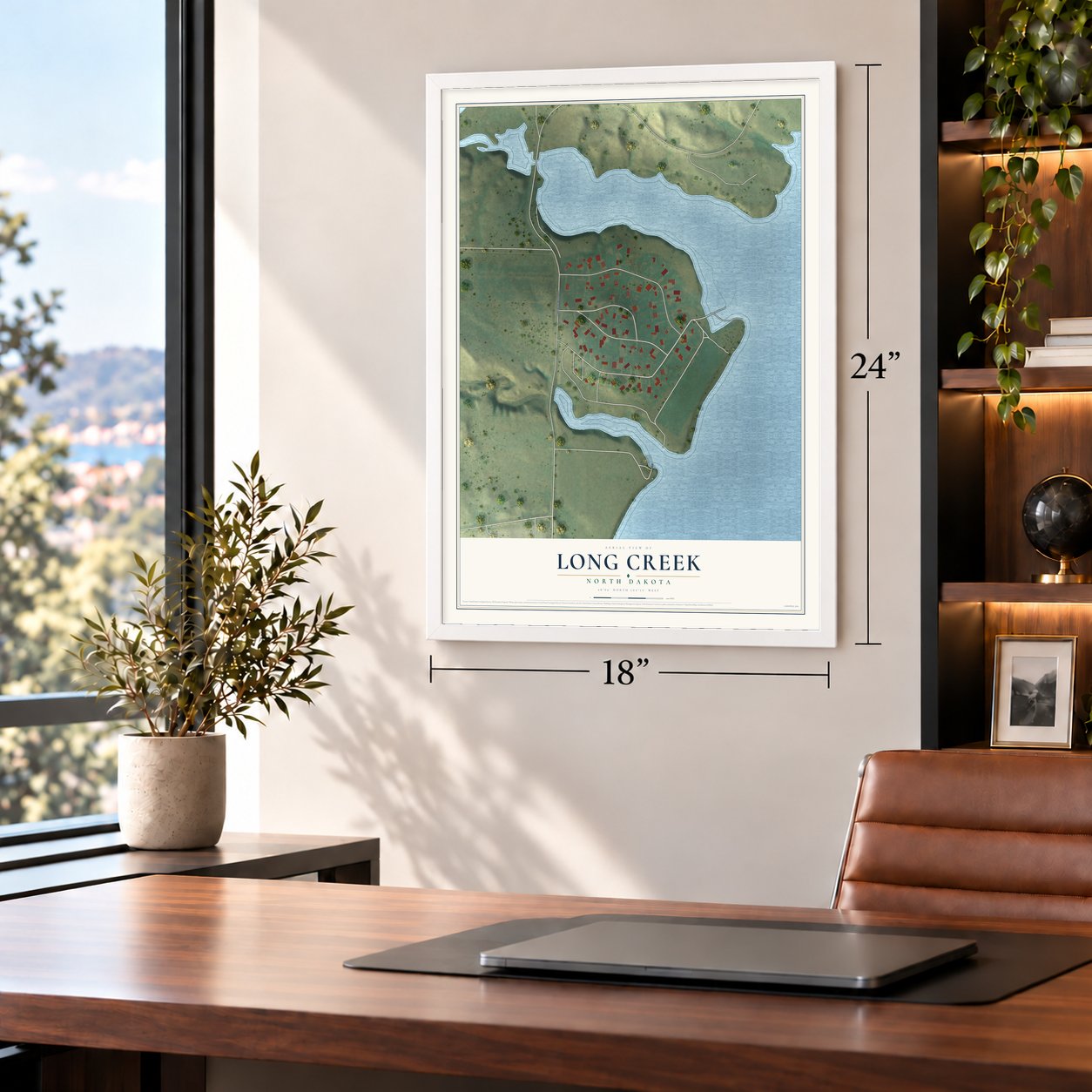 Long Creek, North Dakota map, 18 x 24 inch print in a white frame in a home office