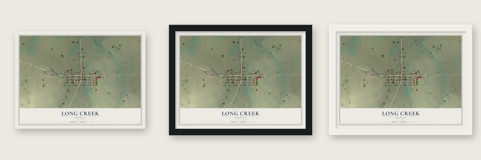 Long Creek, Oregon map unframed, in a black wood frame and in a white wood frame