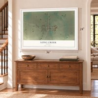 Long Creek, Oregon map, 24 x 36 inch print in a white frame above a dresser by a staircase