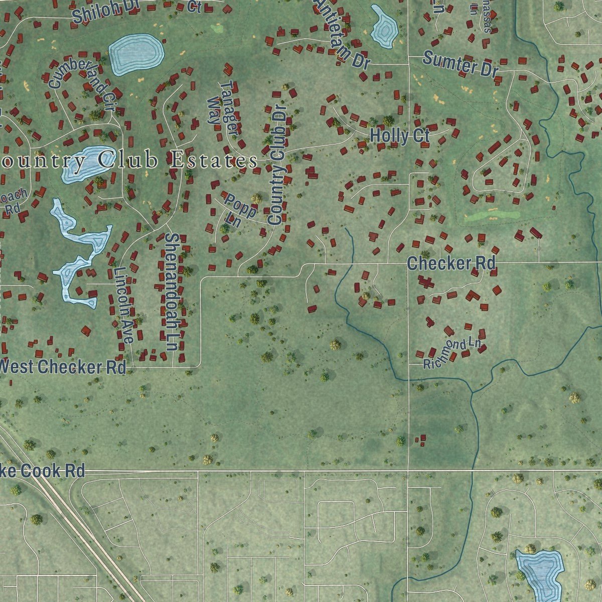 Second close-up of the map of Long Grove, Illinois print showing more streets and buildings
