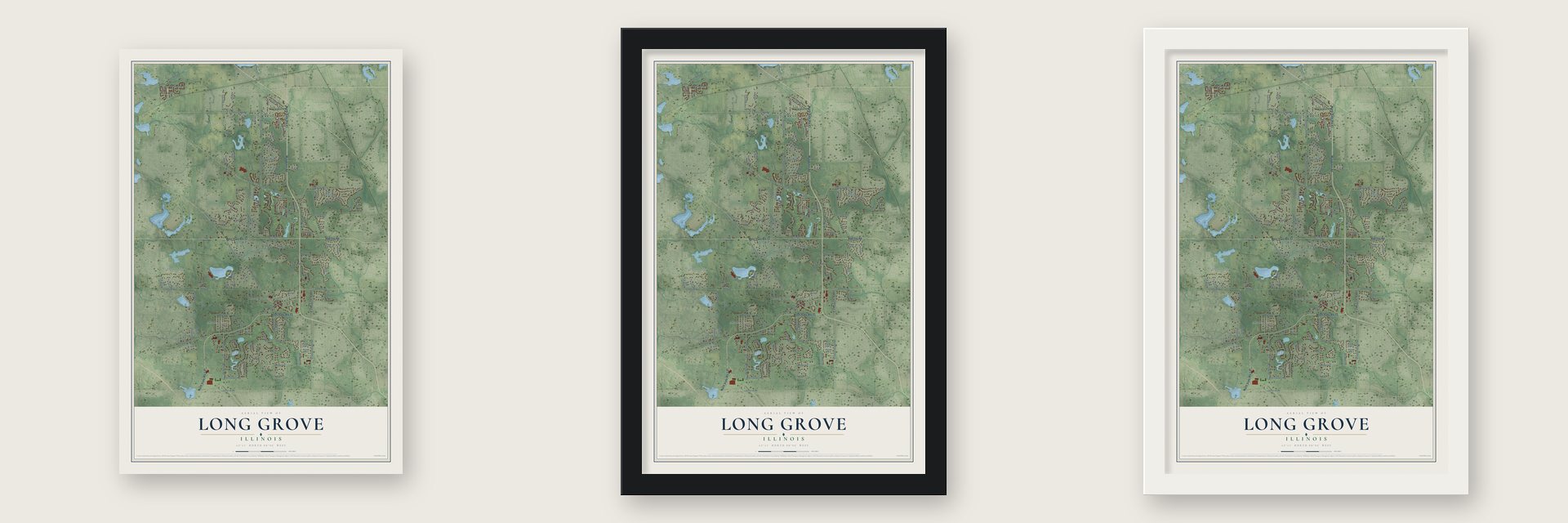 Long Grove, Illinois map unframed, in a black wood frame and in a white wood frame