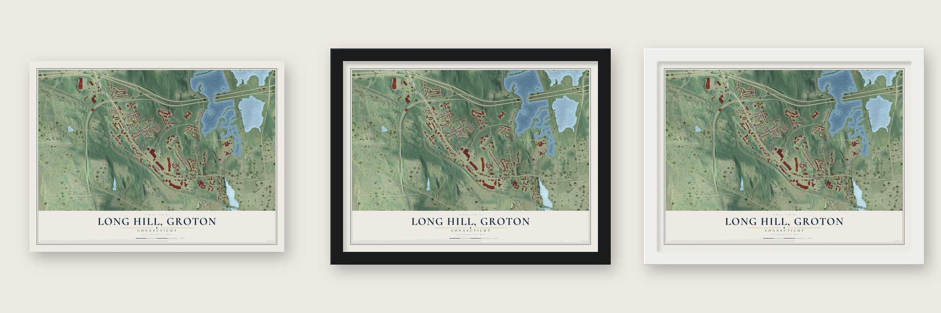 Long Hill, Groton, Connecticut map unframed, in a black wood frame and in a white wood frame