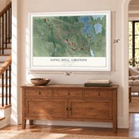 Long Hill, Groton, Connecticut map, 24 x 36 inch print in a white frame above a dresser by a staircase