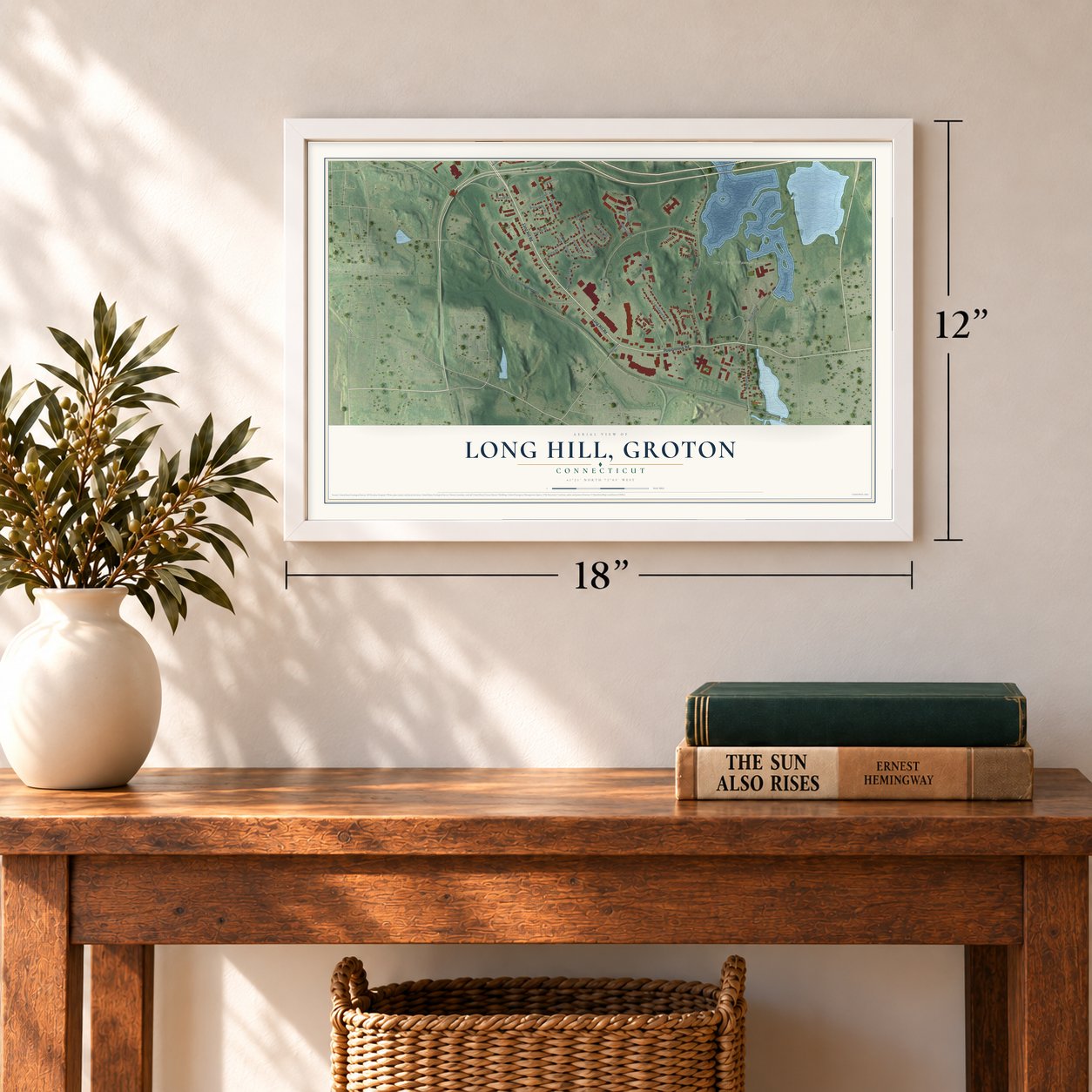 Long Hill, Groton, Connecticut map, 12 x 18 inch print in a white frame in an entryway