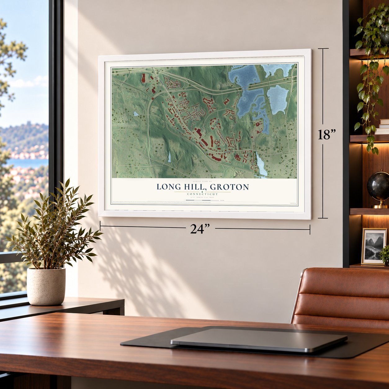 Long Hill, Groton, Connecticut map, 18 x 24 inch print in a white frame in a home office