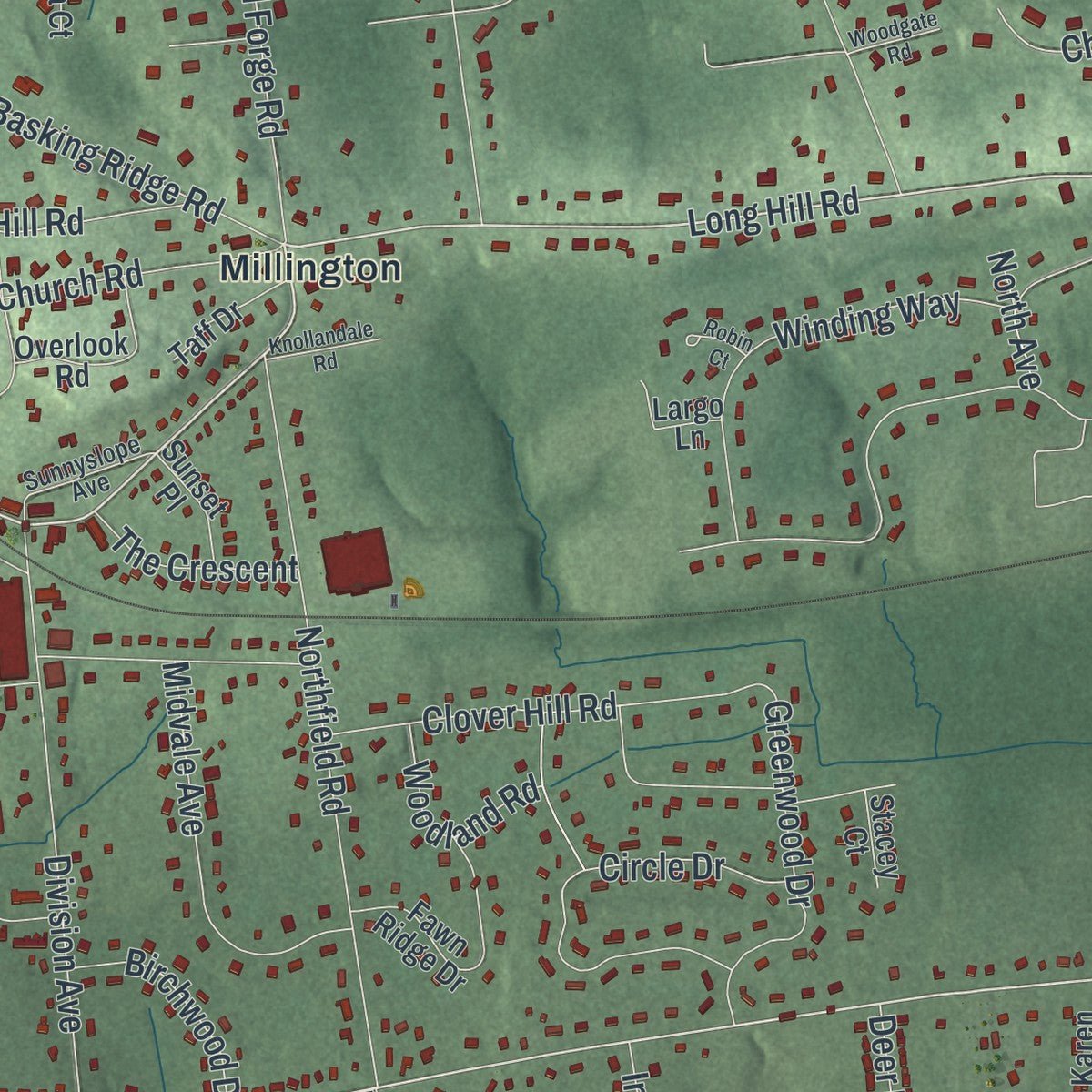 Second close-up of the map of Long Hill, New Jersey print showing more streets and buildings