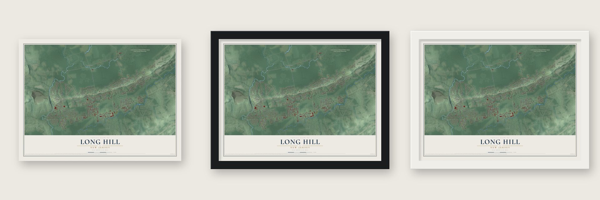 Long Hill, New Jersey map unframed, in a black wood frame and in a white wood frame