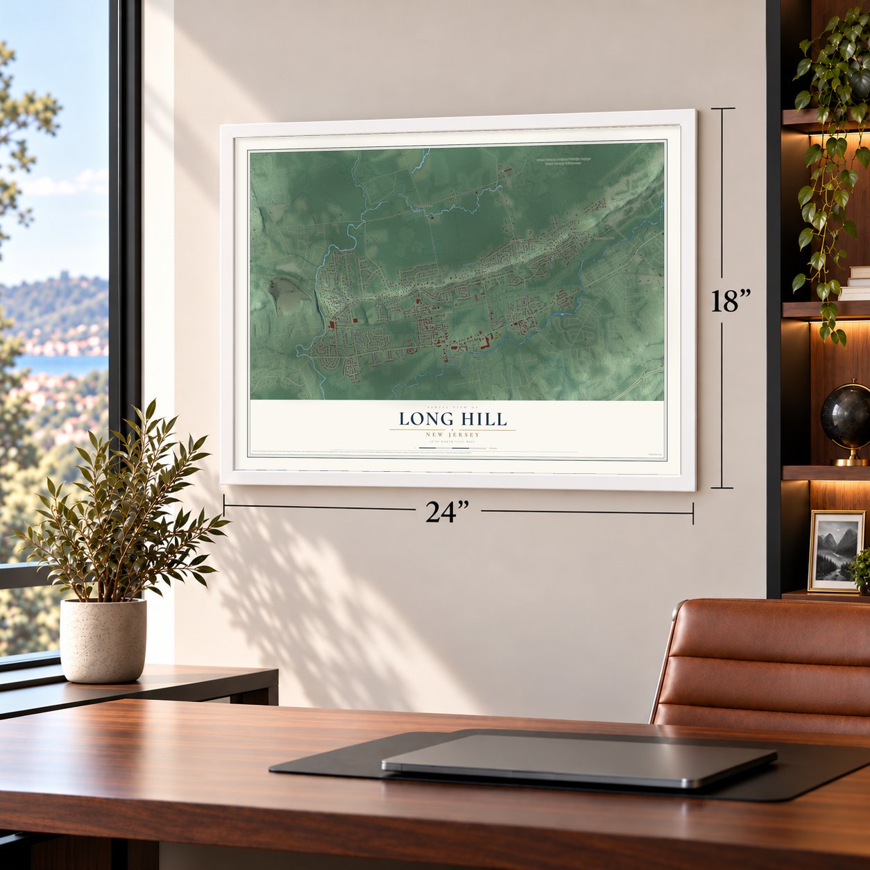 Long Hill, New Jersey map, 18 x 24 inch print in a white frame in a home office