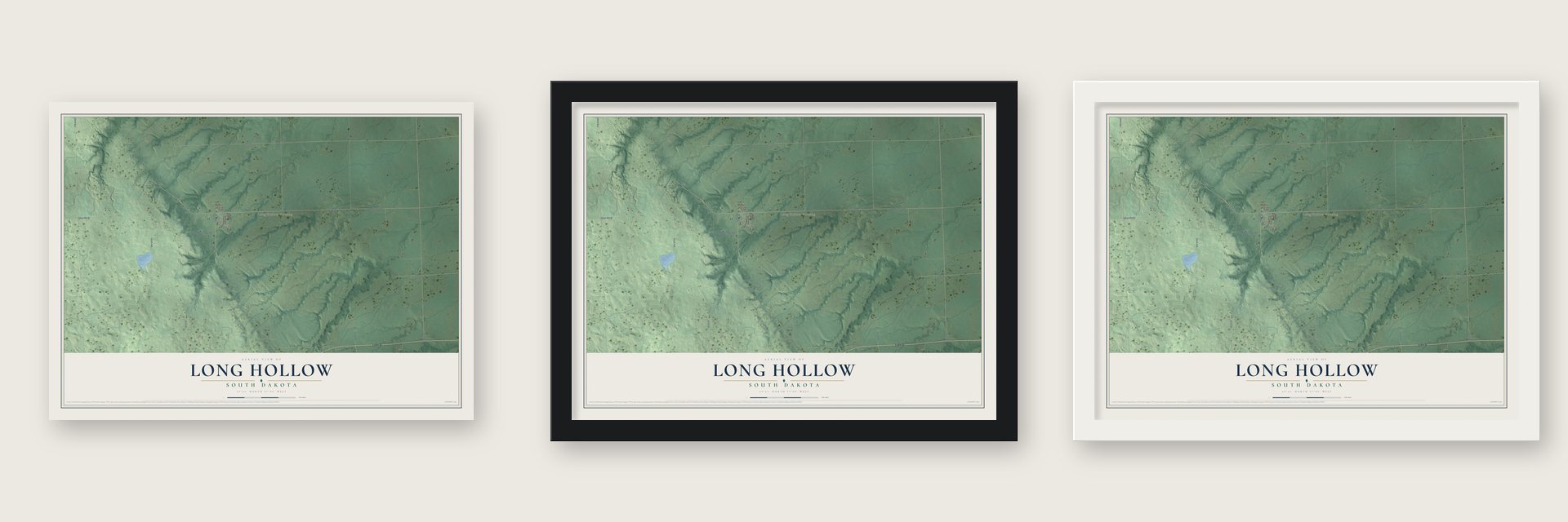 Long Hollow, South Dakota map unframed, in a black wood frame and in a white wood frame