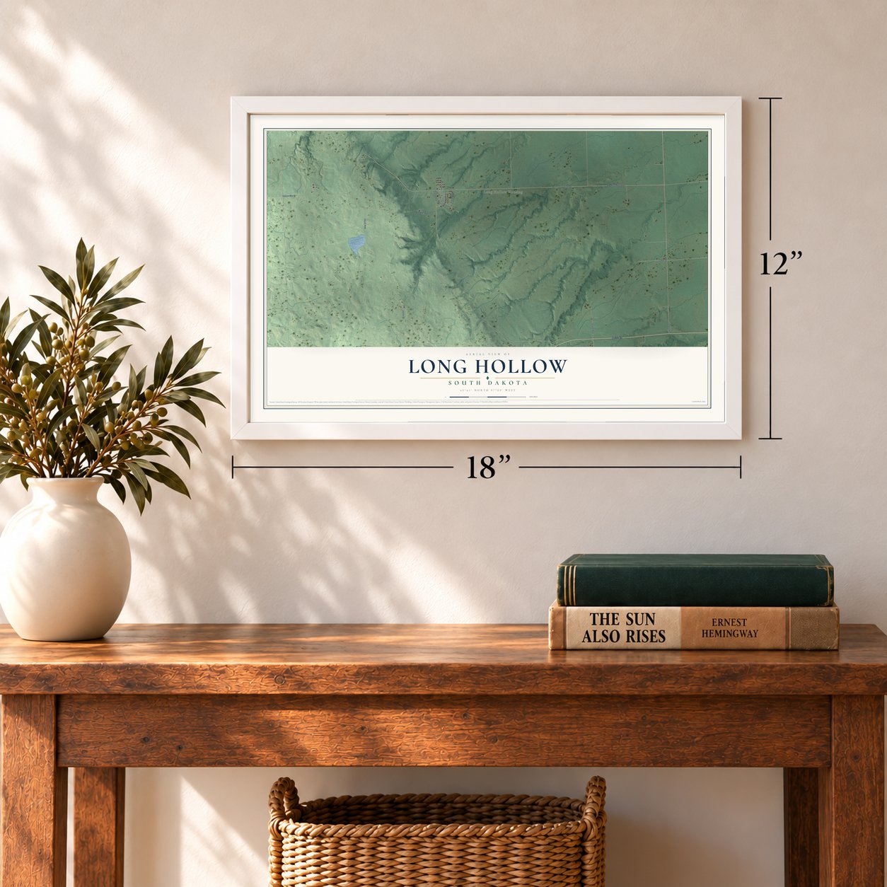 Long Hollow, South Dakota map, 12 x 18 inch print in a white frame in an entryway