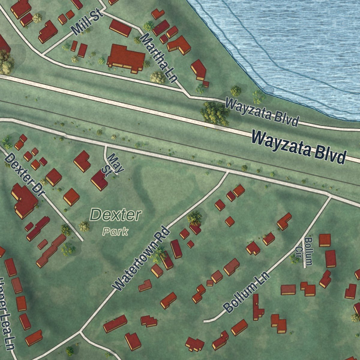 Second close-up of the map of Long Lake, Minnesota print showing more streets and buildings