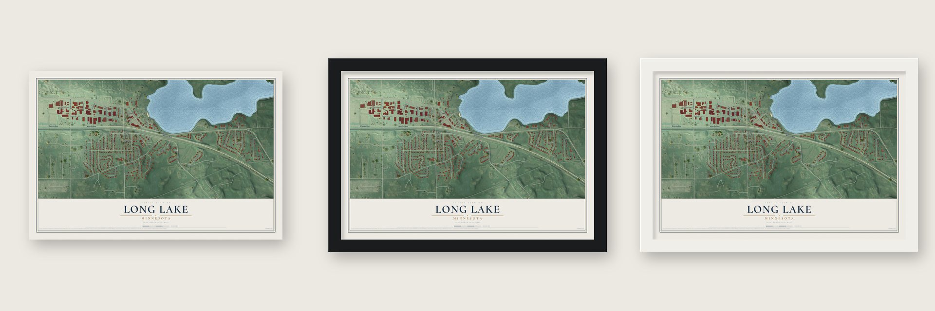 Long Lake, Minnesota map unframed, in a black wood frame and in a white wood frame