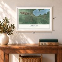 Long Lake, Minnesota map, 12 x 18 inch print in a white frame in an entryway