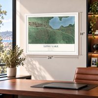 Long Lake, Minnesota map, 18 x 24 inch print in a white frame in a home office