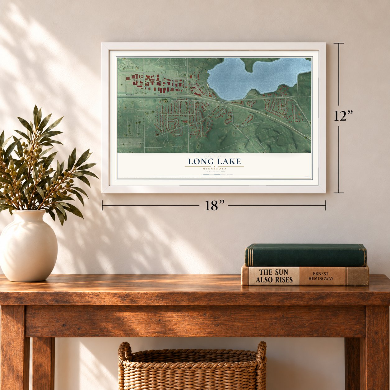 Long Lake, Minnesota map, 12 x 18 inch print in a white frame in an entryway