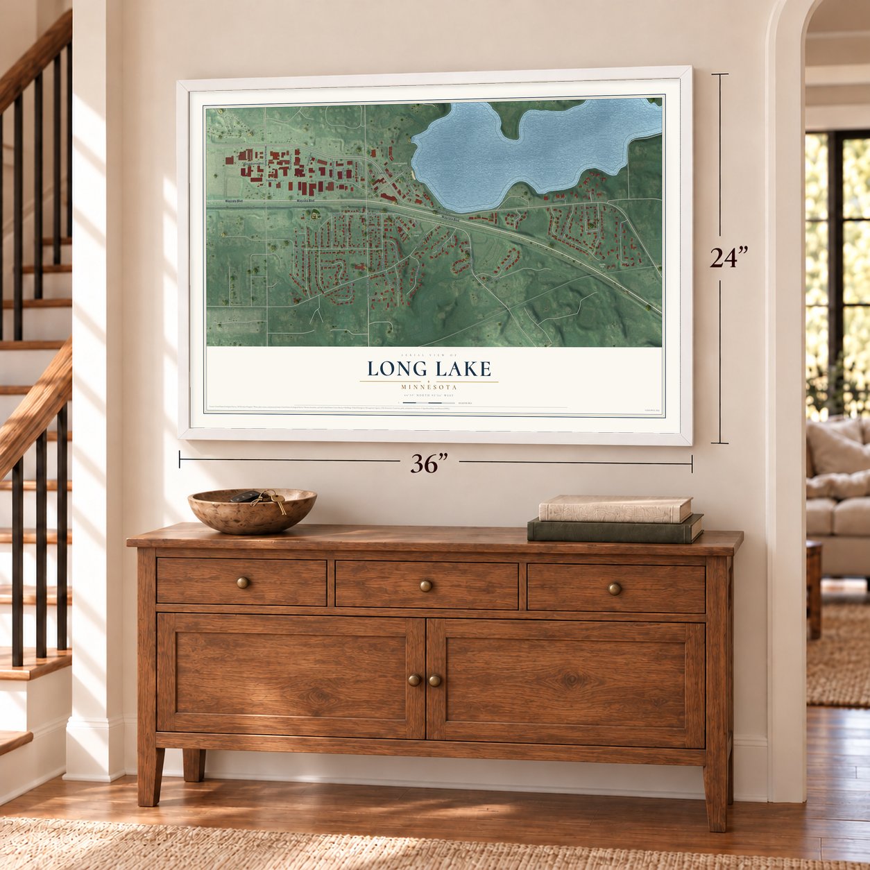 Long Lake, Minnesota map, 24 x 36 inch print in a white frame above a dresser by a staircase