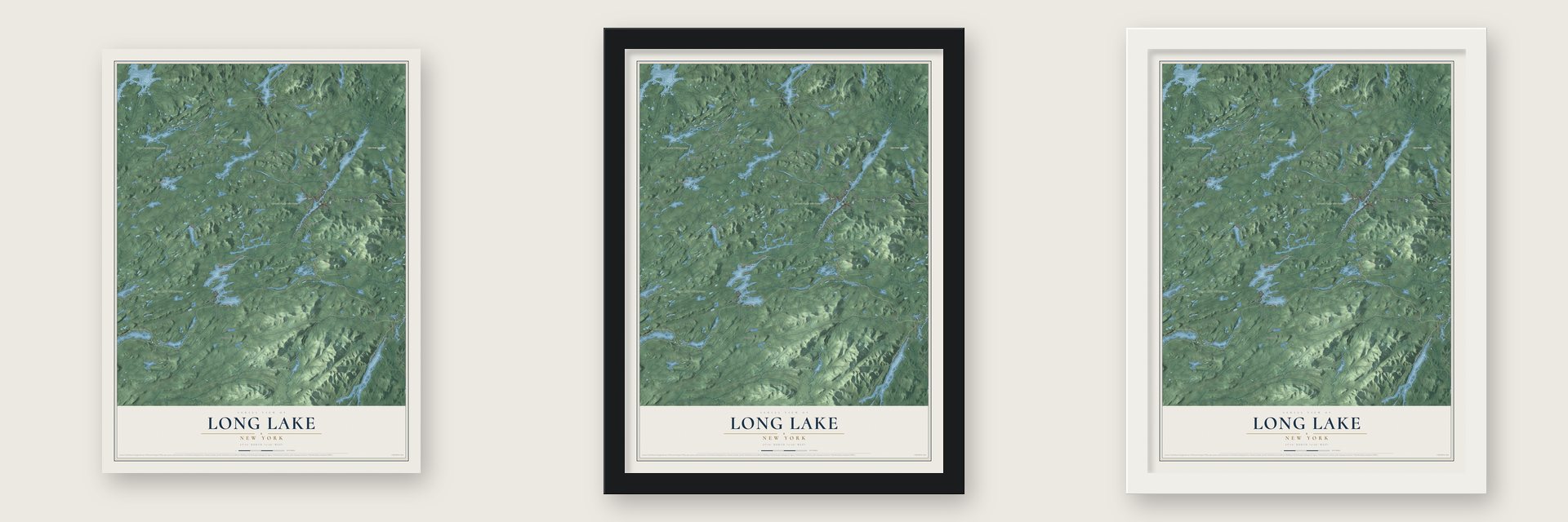 Long Lake, New York map unframed, in a black wood frame and in a white wood frame