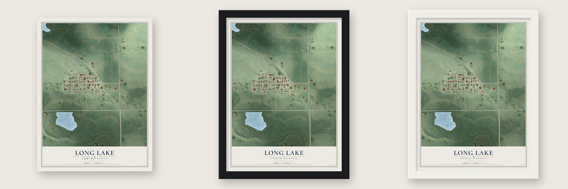 Long Lake, South Dakota map unframed, in a black wood frame and in a white wood frame