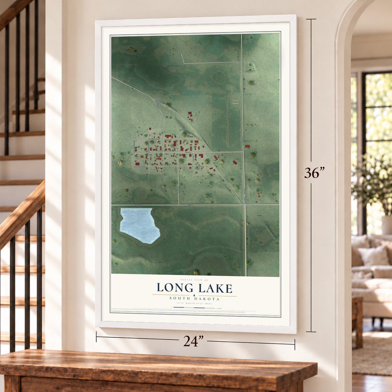 Long Lake, South Dakota map, 24 x 36 inch print in a white frame by a staircase
