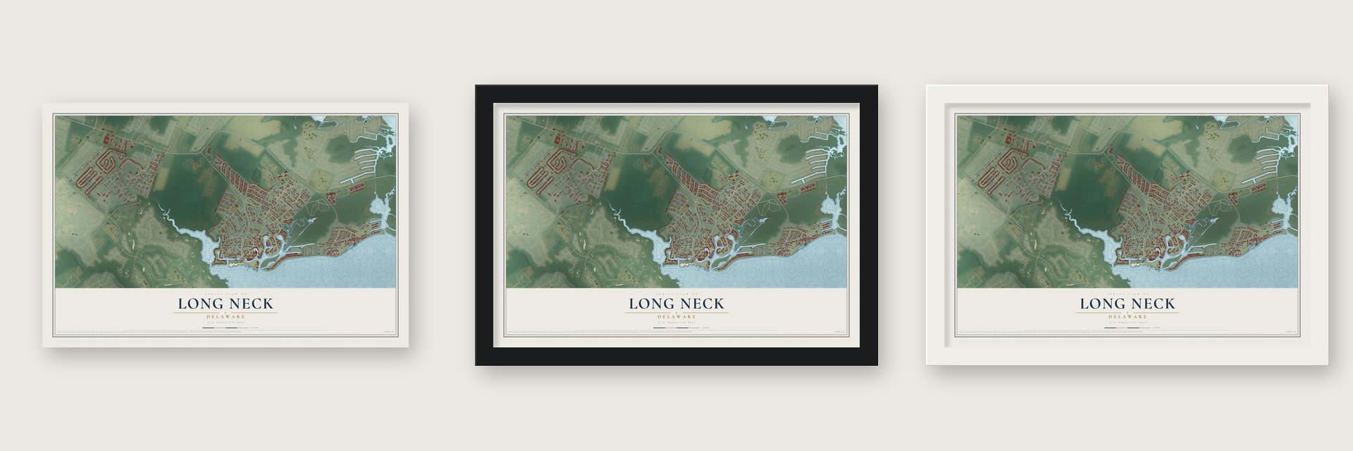 Long Neck, Delaware map unframed, in a black wood frame and in a white wood frame