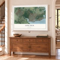 Long Neck, Delaware map, 24 x 36 inch print in a white frame above a dresser by a staircase