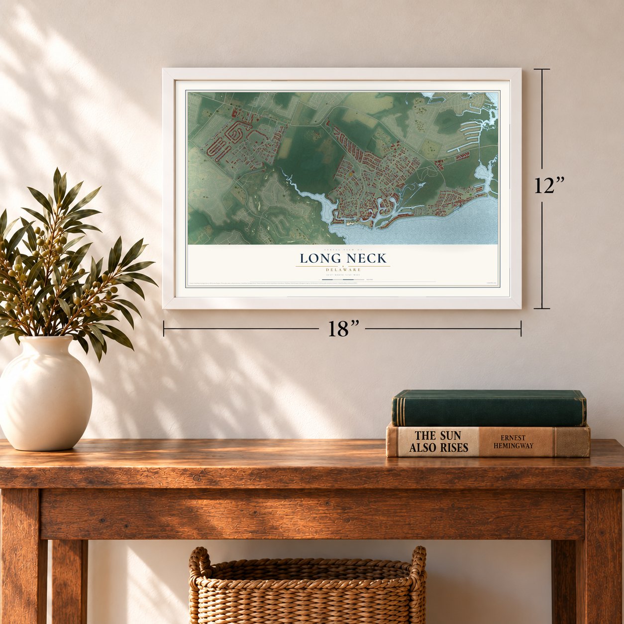 Long Neck, Delaware map, 12 x 18 inch print in a white frame in an entryway